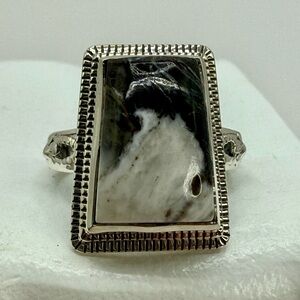 Artisan Crafted White Buffalo Floral Ring in Black Oxidized Sterling Silver sz 6